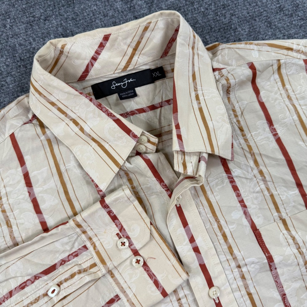 Sean John Button Down XXL Cream Striped Jacquard Floral Long Sleeve Flaw Men's